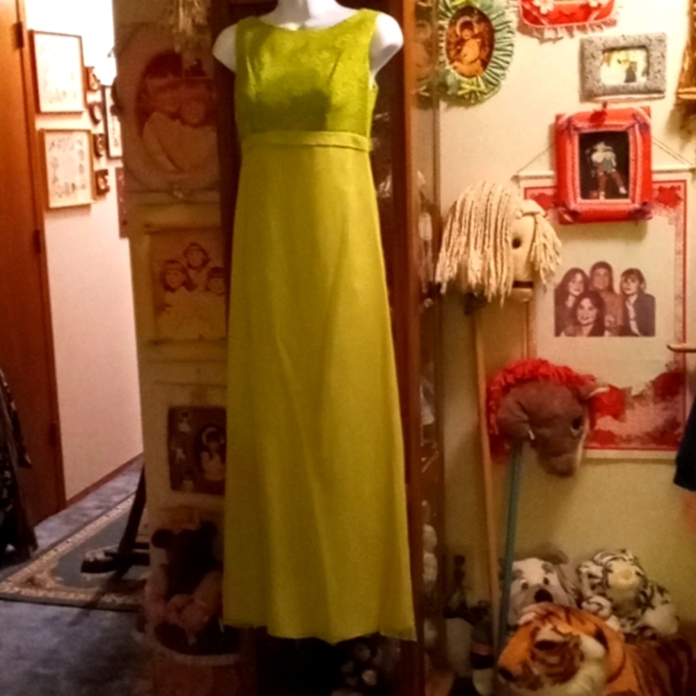 Vintage,1968,Lime Green, Rayon-Chiffon,Maxi,Formal Dress with Floral Brocade Top